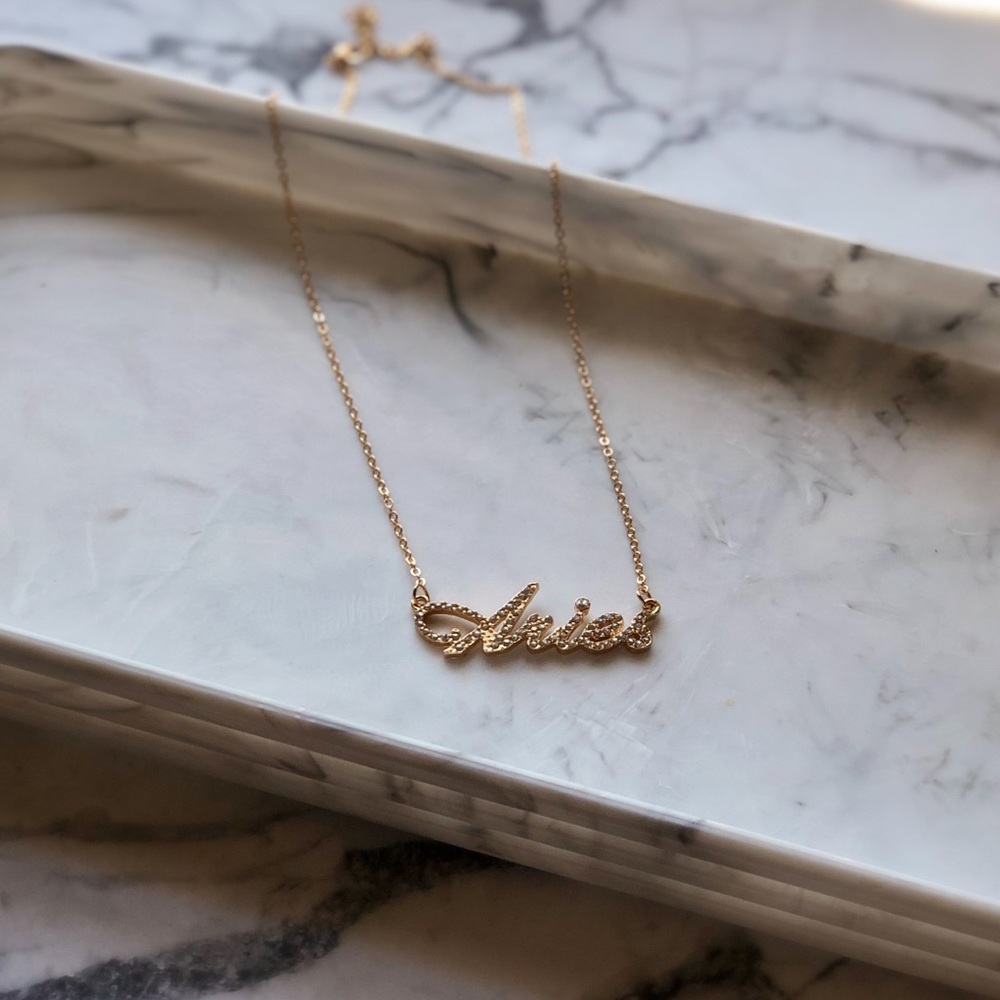 Aries nameplate CZ crystal necklace